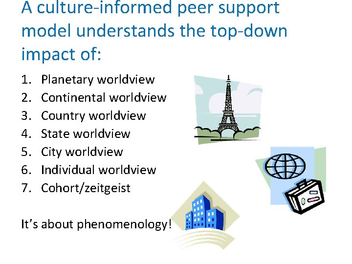 A culture-informed peer support model understands the top-down impact of: 1. 2. 3. 4.
