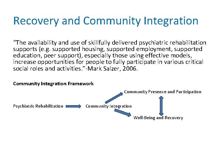 Recovery and Community Integration “The availability and use of skillfully delivered psychiatric rehabilitation supports
