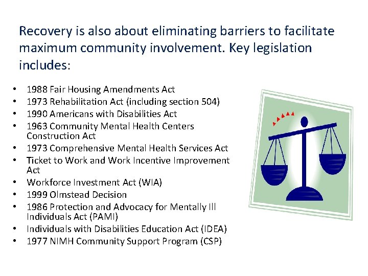 Recovery is also about eliminating barriers to facilitate maximum community involvement. Key legislation includes: