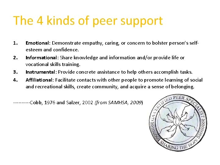 The 4 kinds of peer support 1. 2. 3. 4. Emotional: Demonstrate empathy, caring,