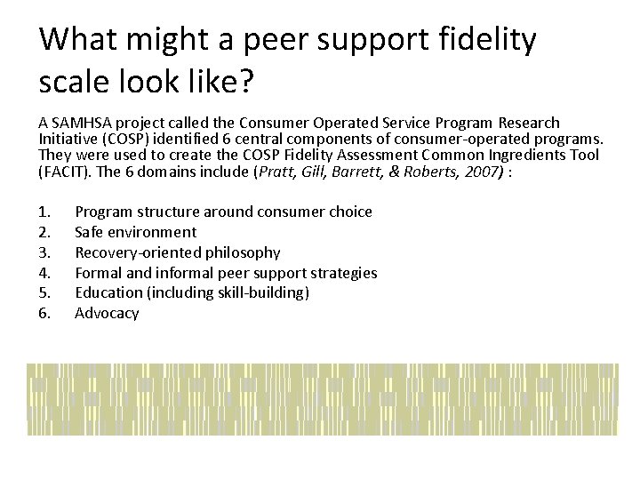What might a peer support fidelity scale look like? A SAMHSA project called the