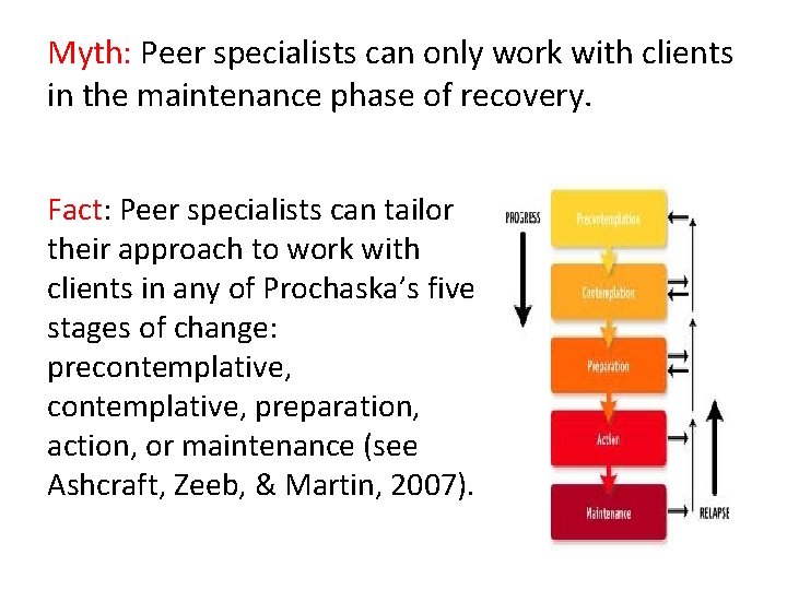 Myth: Peer specialists can only work with clients in the maintenance phase of recovery.