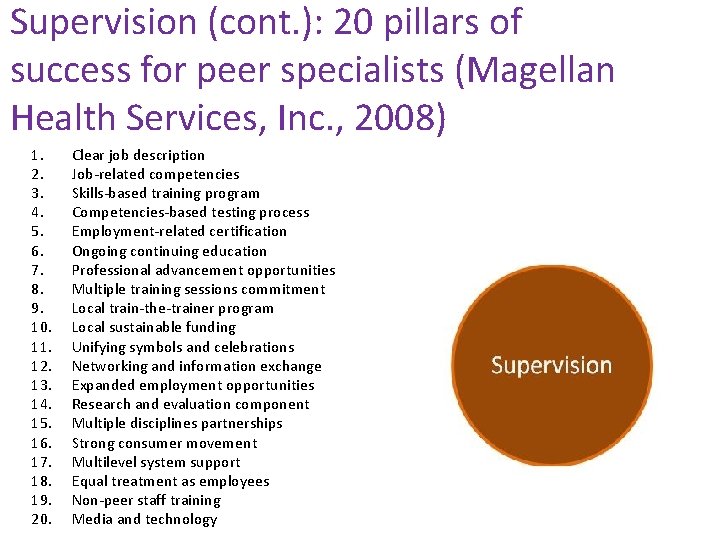 Supervision (cont. ): 20 pillars of success for peer specialists (Magellan Health Services, Inc.