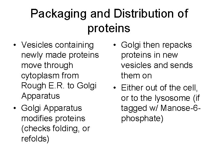 Packaging and Distribution of proteins • Vesicles containing newly made proteins move through cytoplasm