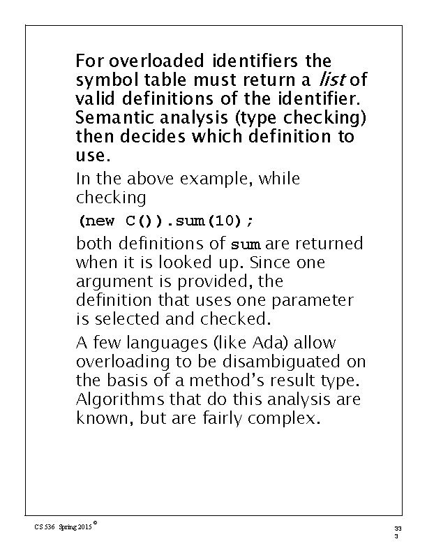 For overloaded identifiers the symbol table must return a list of valid definitions of