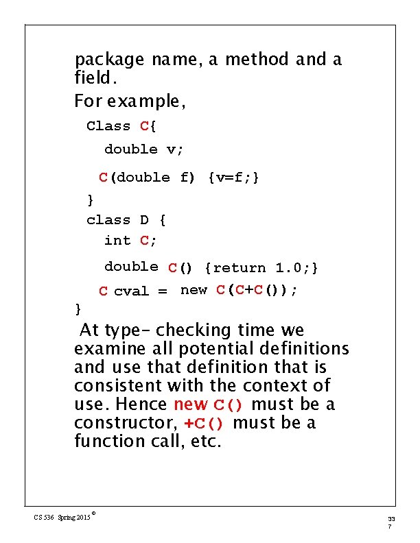 package name, a method and a field. For example, Class C{ double v; C(double