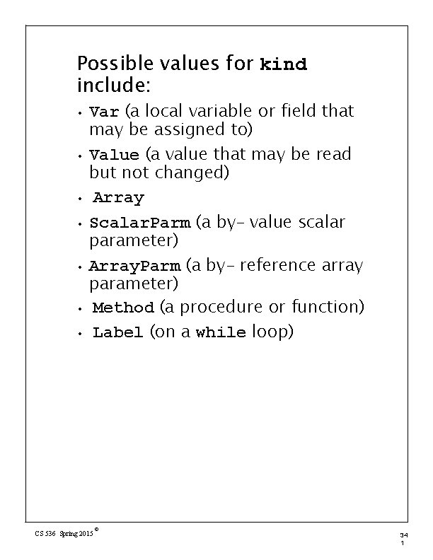 Possible values for kind include: • • Var (a local variable or field that