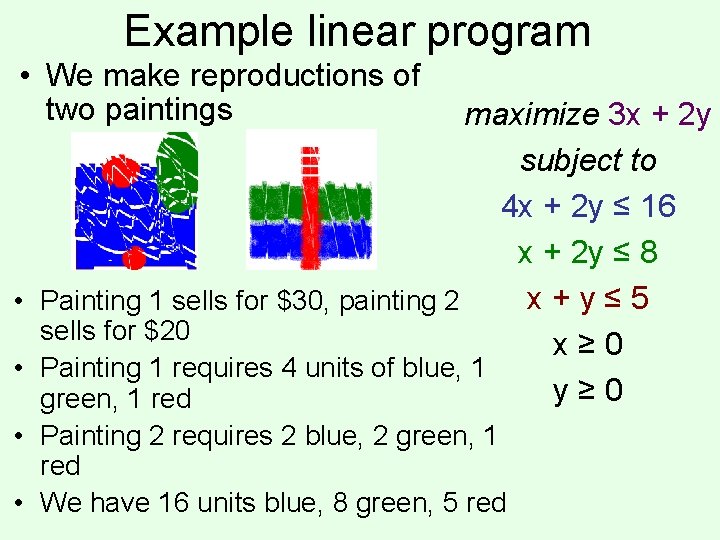 Example linear program • We make reproductions of two paintings maximize 3 x +