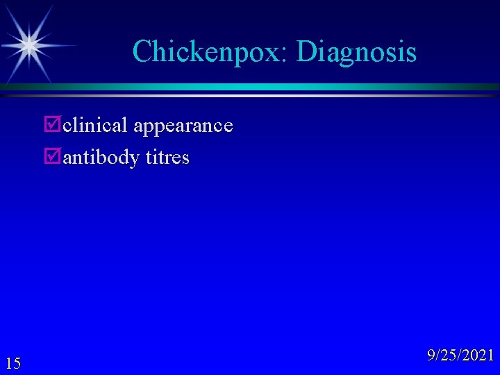Chickenpox: Diagnosis þclinical appearance þantibody titres 15 9/25/2021 