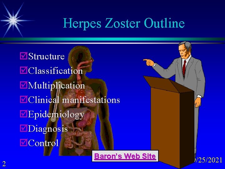Herpes Zoster Outline þStructure þClassification þMultiplication þClinical manifestations þEpidemiology þDiagnosis þControl 2 Baron’s Web