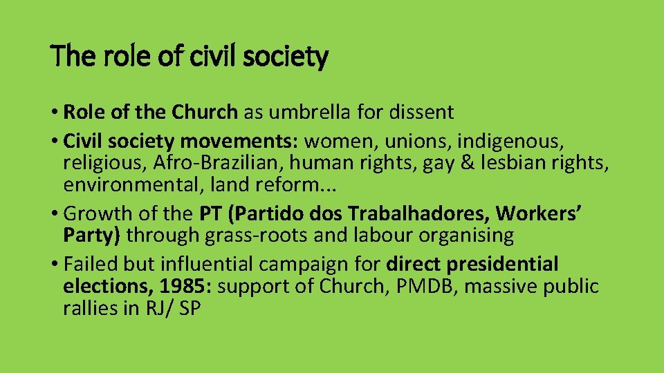 The role of civil society • Role of the Church as umbrella for dissent