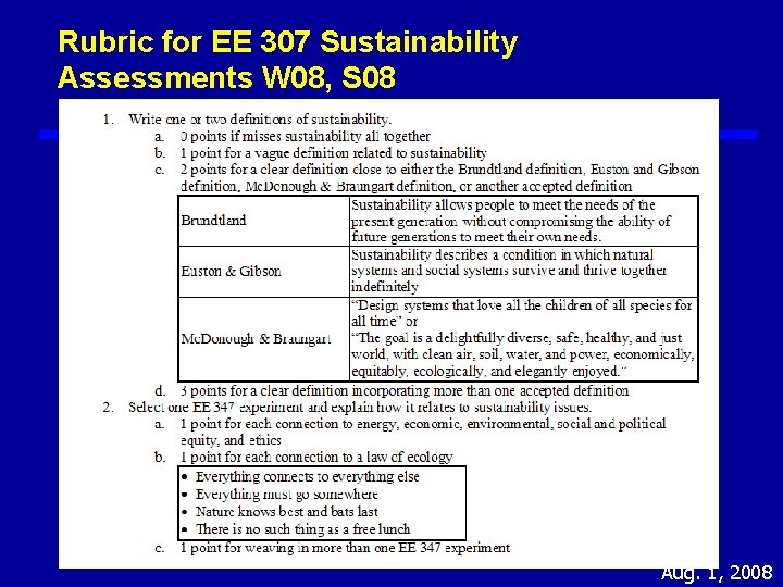 Rubric for EE 307 Sustainability Assessments W 08, S 08 Aug. 1, 2008 