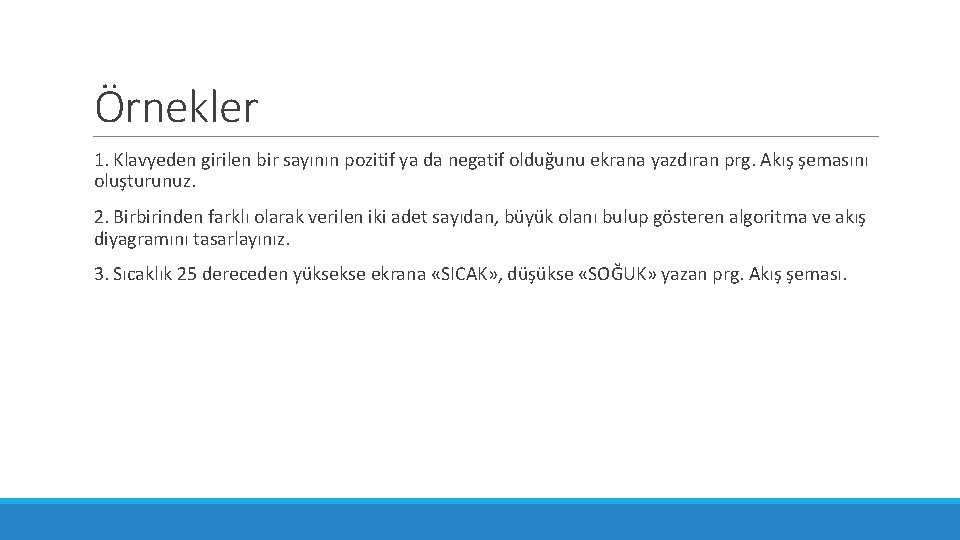 Örnekler 1. Klavyeden girilen bir sayının pozitif ya da negatif olduğunu ekrana yazdıran prg.