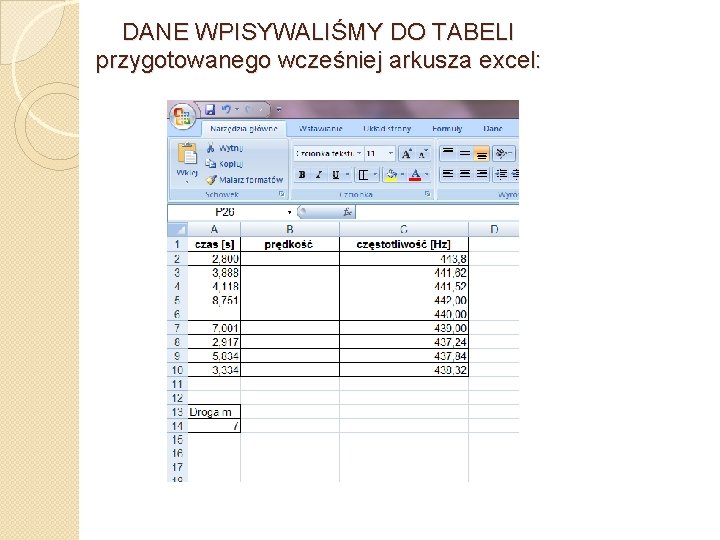 DANE WPISYWALIŚMY DO TABELI przygotowanego wcześniej arkusza excel: 