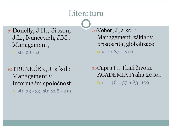 Literatura Donelly, J. H. , Gibson, J. L. , Ivancevich, J. M. : Management,