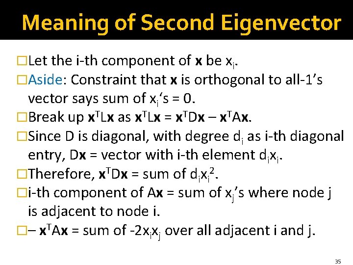 Meaning of Second Eigenvector �Let the i-th component of x be xi. �Aside: Constraint Meaning of Second Eigenvector �Let the i-th component of x be xi. �Aside: Constraint
