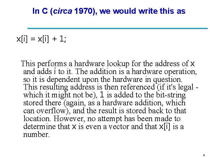 In C (circa 1970), we would write this as x[i] = x[i] + 1;