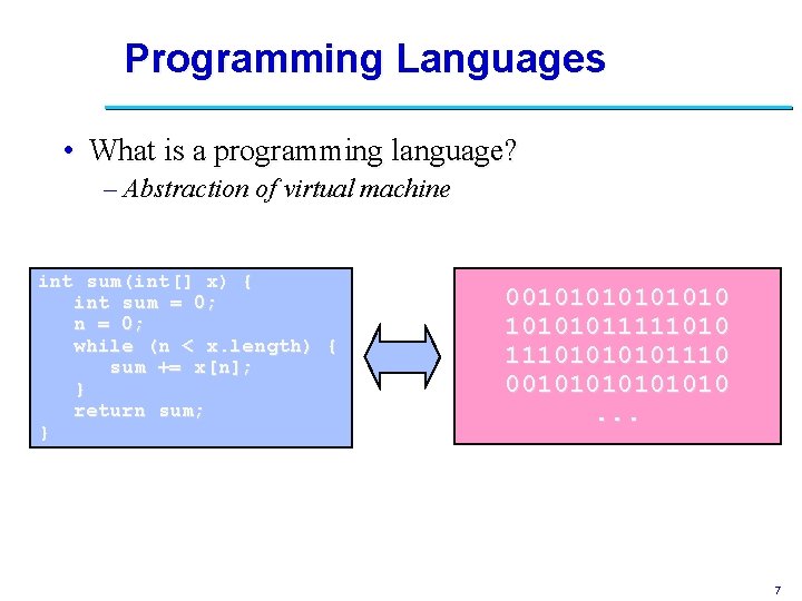 Programming Languages • What is a programming language? – Abstraction of virtual machine int