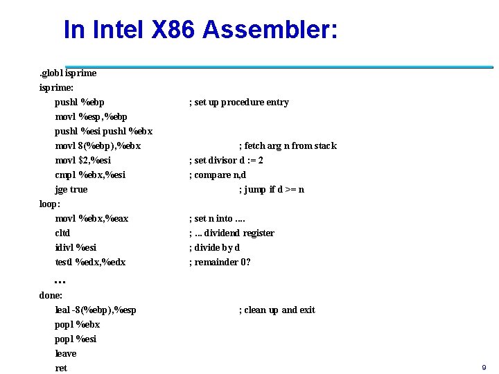 In Intel X 86 Assembler: . globl isprime: pushl %ebp movl %esp, %ebp pushl