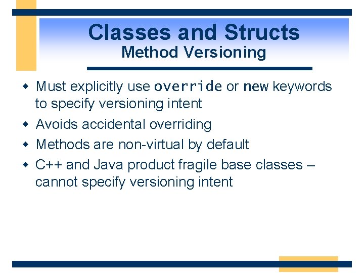 Classes and Structs Method Versioning w Must explicitly use override or new keywords to