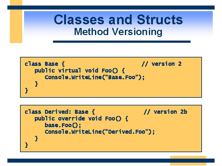 Classes and Structs Method Versioning class Base { // version 2 1 } public