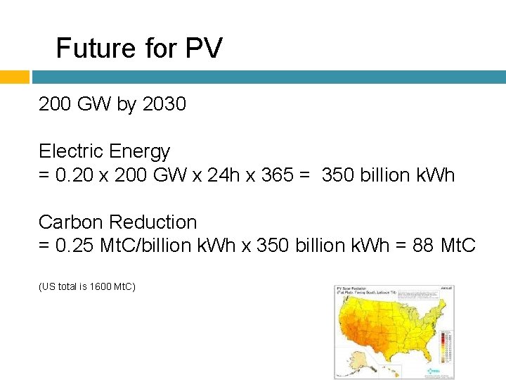 Future for PV 200 GW by 2030 Electric Energy = 0. 20 x 200