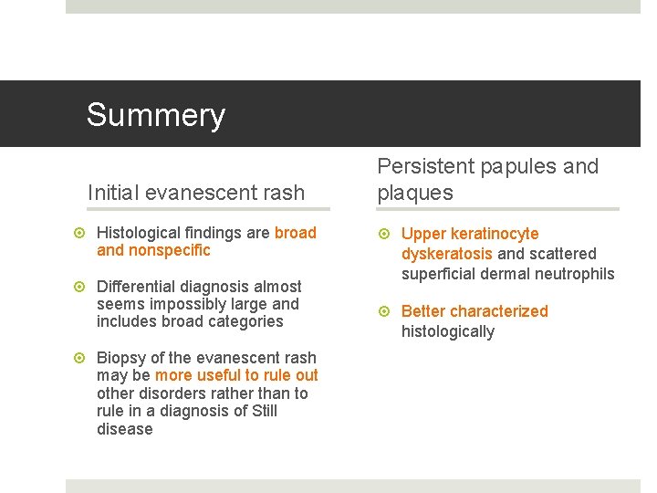 Summery Initial evanescent rash Histological findings are broad and nonspecific Differential diagnosis almost seems
