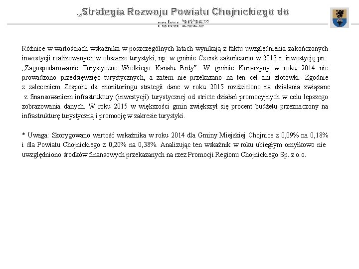 „Strategia Rozwoju Powiatu Chojnickiego do roku 2025” Różnice w wartościach wskaźnika w poszczególnych latach