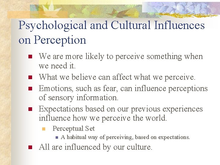 Psychological and Cultural Influences on Perception n n We are more likely to perceive