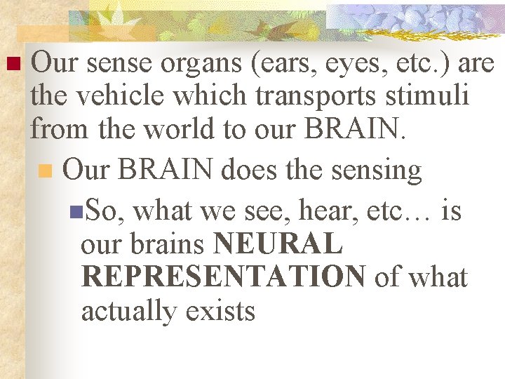 n Our sense organs (ears, eyes, etc. ) are the vehicle which transports stimuli