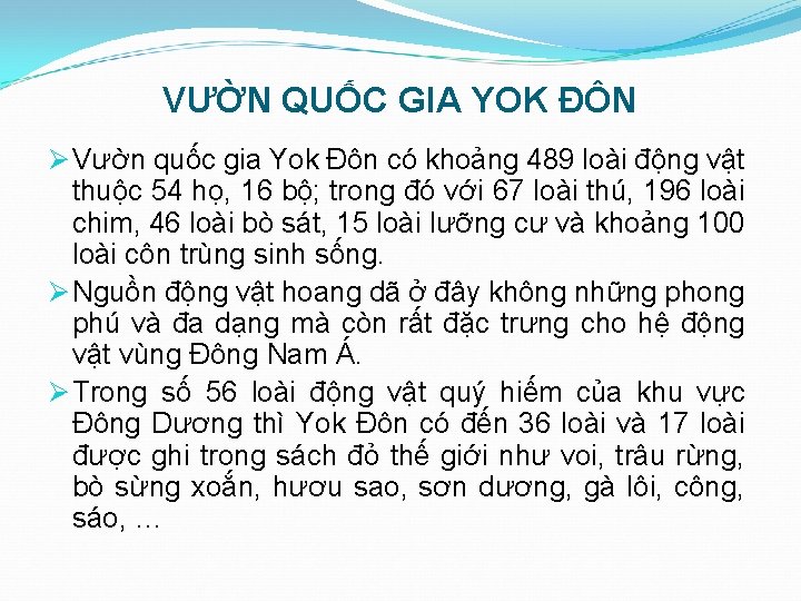 VƯỜN QUỐC GIA YOK ĐÔN Ø Vườn quốc gia Yok Đôn có khoảng 489