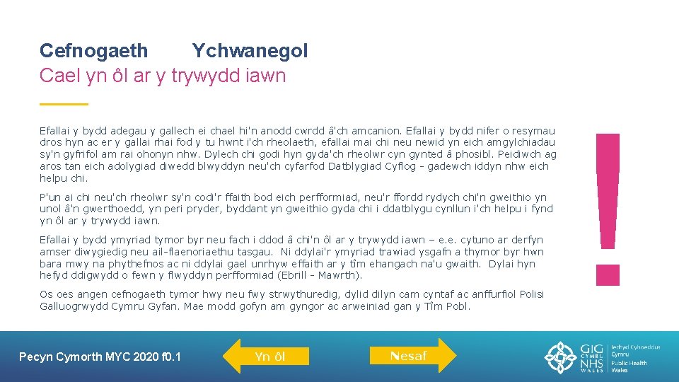 Cefnogaeth Ychwanegol Cael yn ôl ar y trywydd iawn Efallai y bydd adegau y