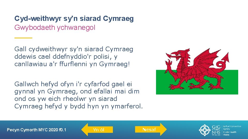 Cyd-weithwyr sy'n siarad Cymraeg Gwybodaeth ychwanegol Gall cydweithwyr sy'n siarad Cymraeg ddewis cael ddefnyddio'r