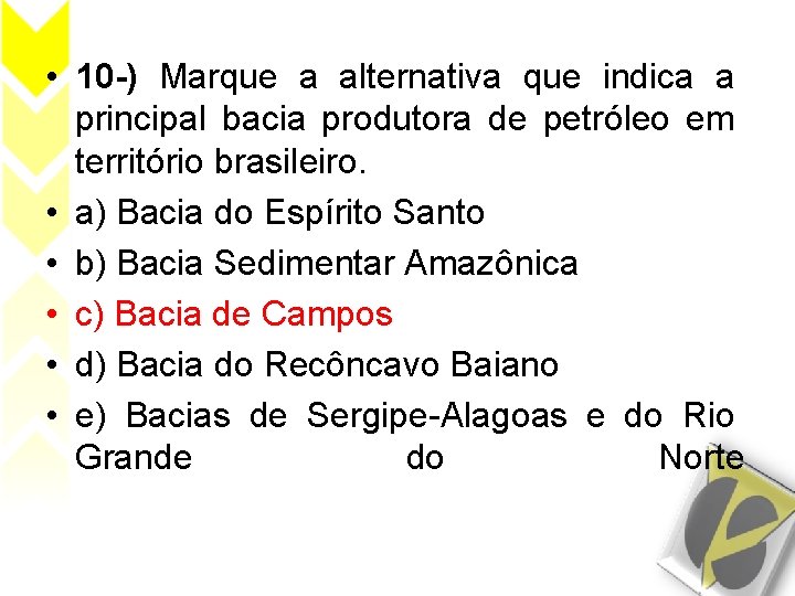  • 10 -) Marque a alternativa que indica a principal bacia produtora de