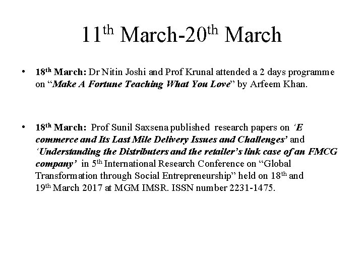 Activities for the month of March 2017 1