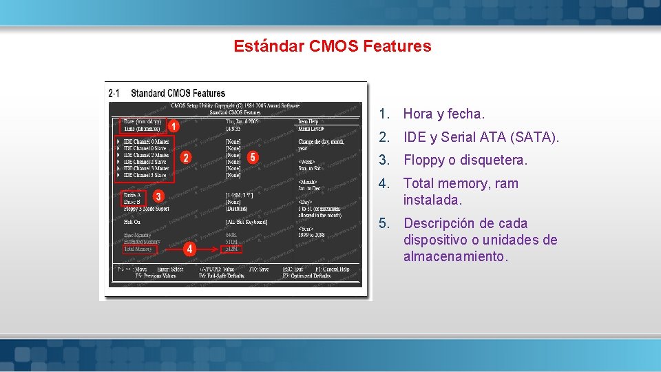 Estándar CMOS Features 1. Hora y fecha. 2. IDE y Serial ATA (SATA). 3.