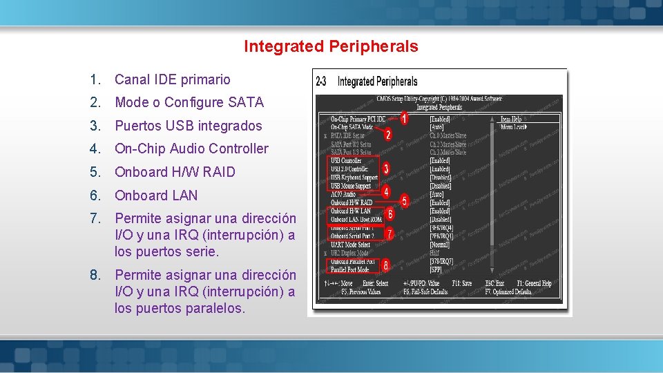 Integrated Peripherals 1. Canal IDE primario 2. Mode o Configure SATA 3. Puertos USB