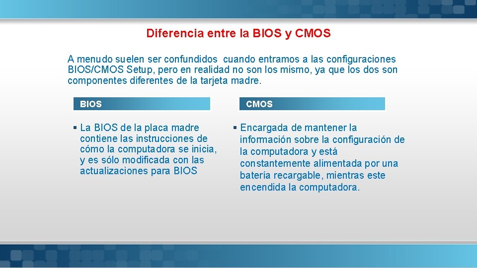 Diferencia entre la BIOS y CMOS A menudo suelen ser confundidos cuando entramos a