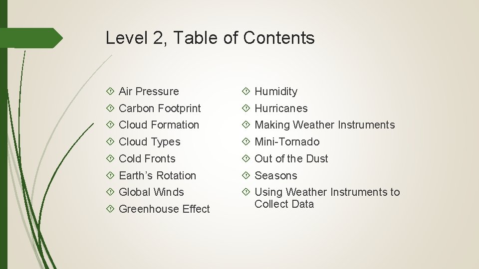 Level 2, Table of Contents Air Pressure Humidity Carbon Footprint Hurricanes Cloud Formation Making