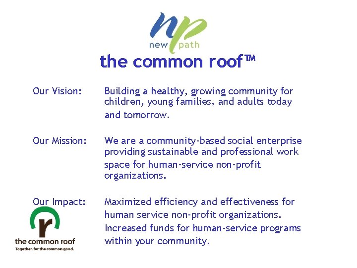 the common roof™ Our Vision: Building a healthy, growing community for children, young families,