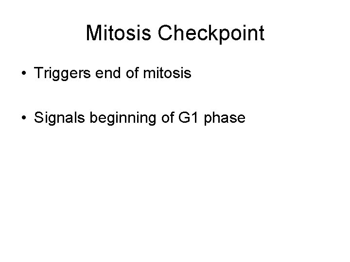 Mitosis Checkpoint • Triggers end of mitosis • Signals beginning of G 1 phase