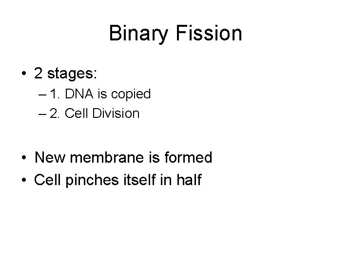 Binary Fission • 2 stages: – 1. DNA is copied – 2. Cell Division