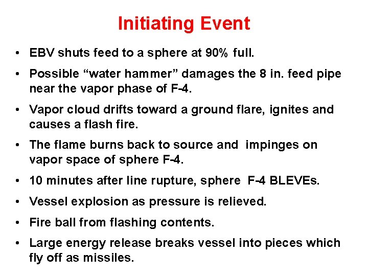 Initiating Event • EBV shuts feed to a sphere at 90% full. • Possible Initiating Event • EBV shuts feed to a sphere at 90% full. • Possible