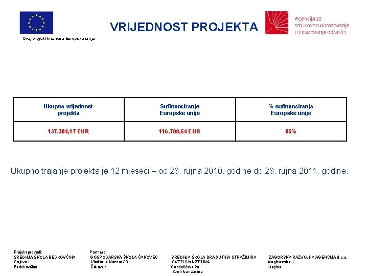 VRIJEDNOST PROJEKTA Ovaj projekt financira Europska unija Ukupna vrijednost projekta Sufinanciranje Europske unije %