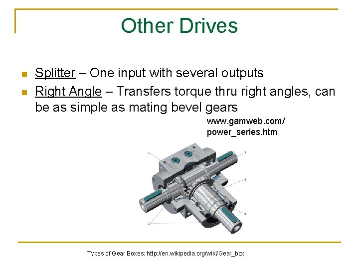 Other Drives n n Splitter – One input with several outputs Right Angle –