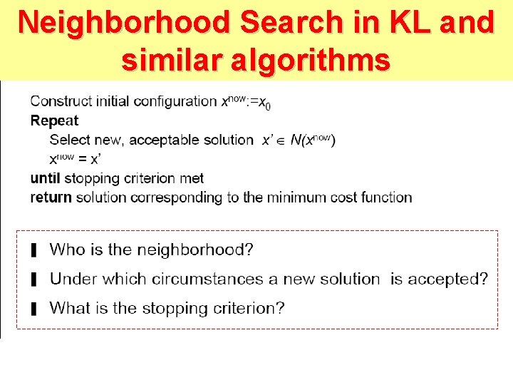 Neighborhood Search in KL and similar algorithms 