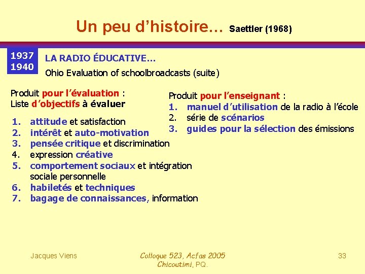 Un peu d’histoire… Saettler (1968) 1937 1940 LA RADIO ÉDUCATIVE… Ohio Evaluation of schoolbroadcasts