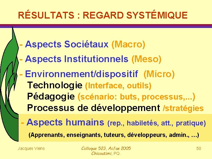 RÉSULTATS : REGARD SYSTÉMIQUE - Aspects Sociétaux (Macro) - Aspects Institutionnels (Meso) - Environnement/dispositif