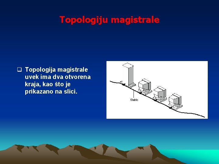 Topologiju magistrale q Topologija magistrale uvek ima dva otvorena kraja, kao što je prikazano