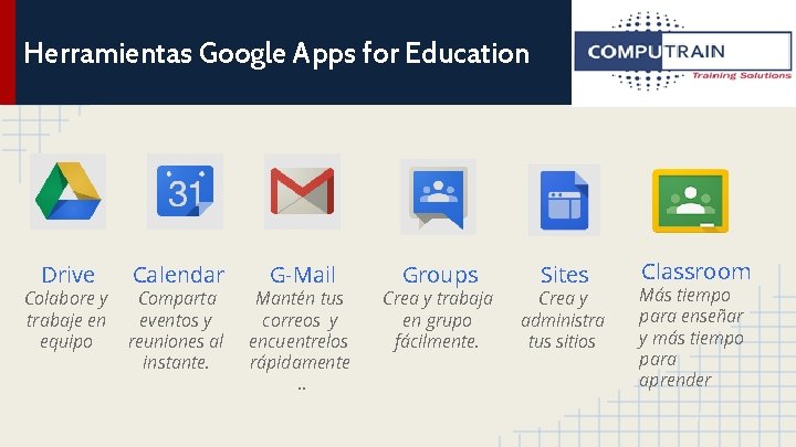 Herramientas Google Apps for Education Drive Colabore y trabaje en equipo Calendar Comparta eventos